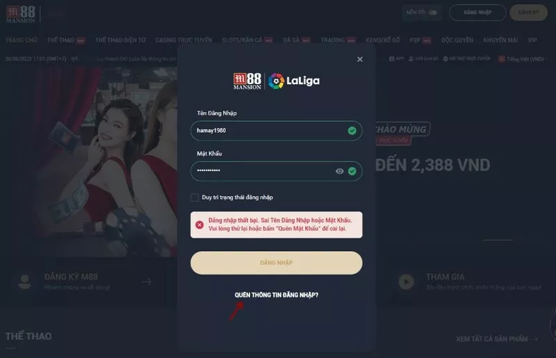 nhấn chọn vào quên thông tin đăng nhập