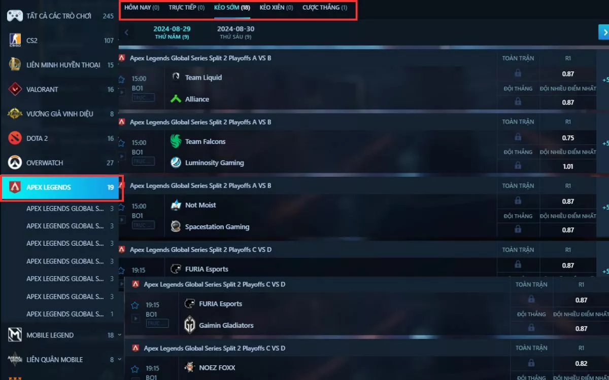 tìm trận đấu apex legends m88 muốn cược